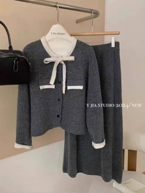Premium Ribbon Collar Soft Sweater With Skirts Sets